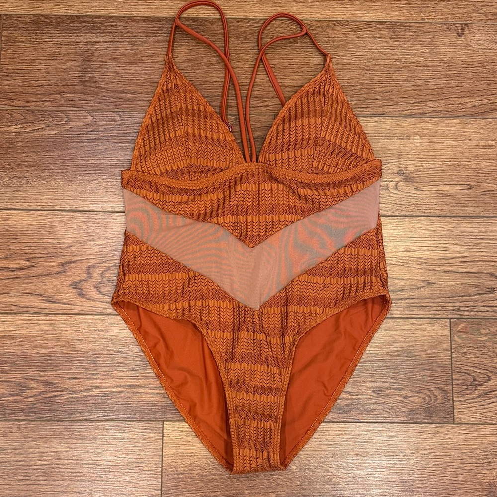 Rust Orange Strappy One-Piece Swimsuit with Mesh Chevron NWOT